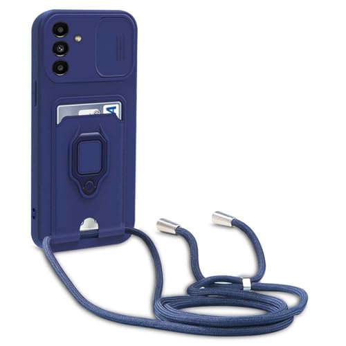 Handykette Schutzhülle kompatibel mit Samsung Galaxy A55 Handyhülle mit Band,Schiebe Kameraschutz,360 Grad Ringhalter Stand,Kartenfach,Verstellbarer Halskette Silikon hülle - Blau von BGHHEU