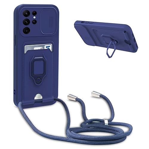 Handykette Schutzhülle kompatibel mit Samsung Galaxy S24 Ultra Handyhülle mit Band,Schiebe Kameraschutz,360 Grad Ringhalter Stand,Kartenfach,Verstellbarer Halskette Silikon hülle - Blau von BGHHEU