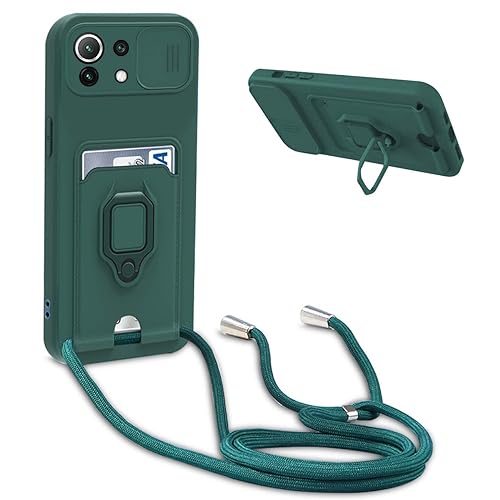 Handykette Schutzhülle kompatibel mit Xiaomi 11 Lite 5G NE/Mi 11 Lite 5G Handyhülle mit Band,Schiebe Kameraschutz,360 Grad Ringhalter Stand,Kartenfach,Verstellbarer Halskette Silikon hülle-Dunkel Grün von BGHHEU