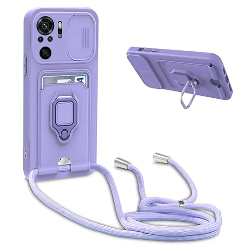 Handykette Schutzhülle kompatibel mit Xiaomi Poco M5s/Redmi Note 10 Handyhülle mit Band,Schiebe Kameraschutz,360 Grad Ringhalter Stand,Kartenfach,Verstellbarer Halskette Silikon hülle - Violett von BGHHEU