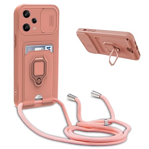 Handykette Schutzhülle kompatibel mit Xiaomi Poco X5 5G /Redmi Note 12 5G Handyhülle mit Band,Schiebe Kameraschutz,360 Grad Ringhalter Stand,Kartenfach,Verstellbarer Halskette Silikon hülle - Pink von BGHHEU
