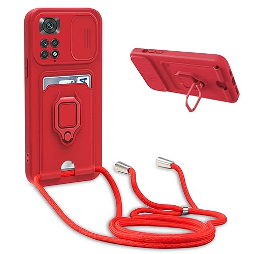 Handykette Schutzhülle kompatibel mit Xiaomi Redmi Note 11/Redmi Note 11S 4G Handyhülle mit Band,Schiebe Kameraschutz,360 Grad Ringhalter Stand,Kartenfach,Verstellbarer Halskette Silikon hülle - Rot von BGHHEU
