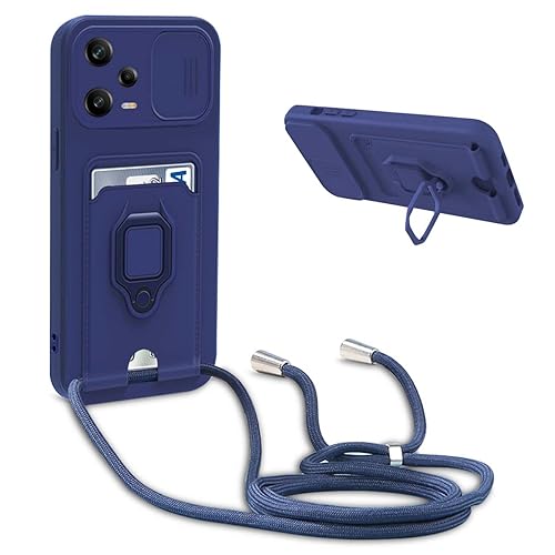 Handykette Schutzhülle kompatibel mit Redmi Note 12 Pro 5G/Poco X5 Pro Handyhülle mit Band,Schiebe Kameraschutz,360 Grad Ringhalter Stand,Kartenfach,Verstellbarer Halskette Silikon hülle - Blau von BGHHEU
