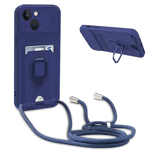 Handykette Schutzhülle kompatibel mit iPhone 14 Handyhülle mit Band,Schiebe Kameraschutz,360 Grad Ringhalter Stand,Kartenfach,Verstellbarer Halskette Silikon hülle - Blau von BGHHEU