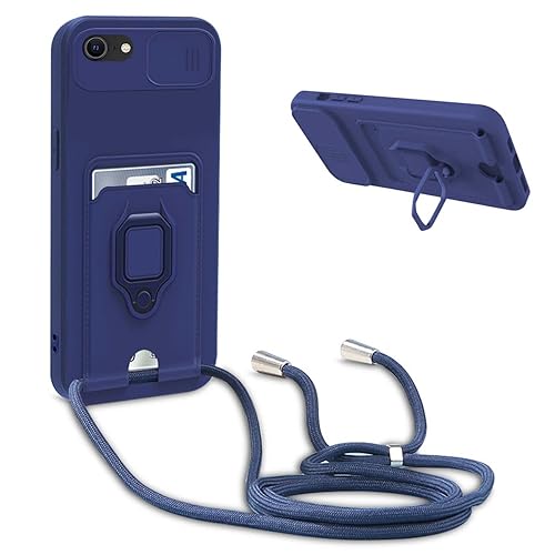 Handykette Schutzhülle kompatibel mit iPhone 6G/7G/8G/SE 2020 Handyhülle mit Band,Schiebe Kameraschutz,360 Grad Ringhalter Stand,Kartenfach,Verstellbarer Halskette Silikon hülle - Blau von BGHHEU