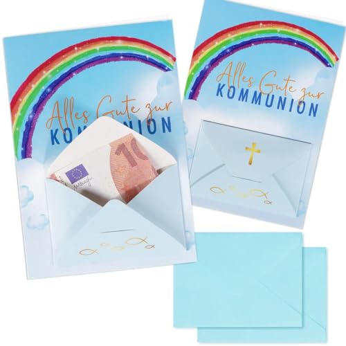 BHGT 2 Stück Kommunionkarten mit Umschlag Blau - Kommunion Glückwunschkarte - Kommunion Geschenk zur Kinder Tauben Konfirmation Deko Junge Mädchen Geldgeschenke von BHGT