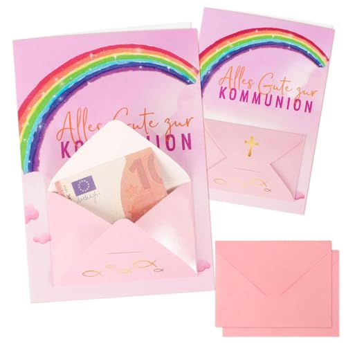 BHGT 2 Stück Kommunionkarten Kommunion Geldgeschenk mit Umschlag Blau Kommunion Glückwunschkarte Kommunion Geschenk zur Kinder Tauben Konfirmation Deko Junge Mädchen Geldgeschenke (rosa) von BHGT