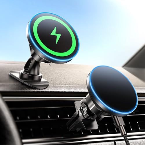 BHHB 15W Magsafe Autoladegerät, 2-in-1 Wireless Auto Kfz Ladegerät, Magsafe Autohalterung mit Ladefunktion, Vent/Dashboard Handyhalterung für iPhone 15 14 13 12 Pro Max Mini Plus Serie Schnellladung von BHHB