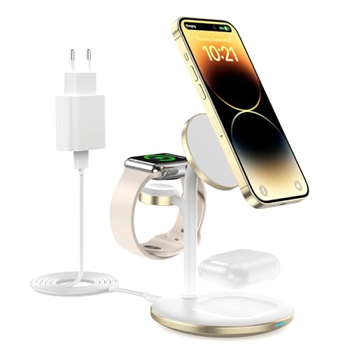 BHHB 3 in 1 Mag-Safe Ladegerät, Induktive Ladestation Kompatibel mit iPhone 15/14/13/12 Serie, Wireless Charger für Apple Watch Ultra/8/7/6/5/4/3/2,AirPods von BHHB