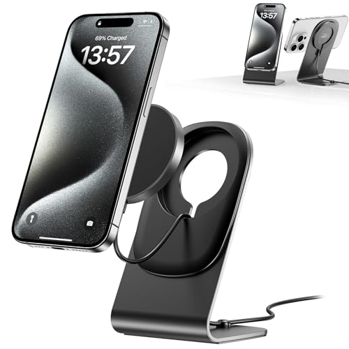 Mag Safe Ladegerät BHHB Mag Safe Ladestation mit Ständer 15W Wireless Charger für iPhone 15/14/13/12 Serie und Air Pods 3/2/Pro (Schwarz) von BHHB