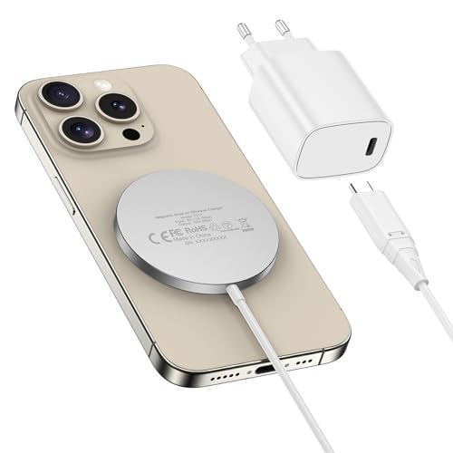 Mag Safe Ladegerät mit Adapter, Schnelles Magnetic Wireless Charger Pad für iPhone 15/14/13/12 Serien und AirPods Ultra Slim Induktive Kabelloses Laden von BHHB