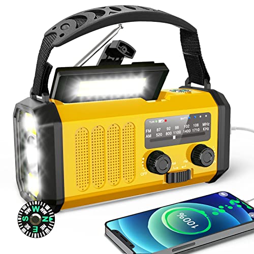 10000mAh Kurbelradio, BIAOQINBO AM/FM Solar Radio 3 Lademethoden 6 in 1 Tragbares Notfallradio mit Powerbank, IPX3 Wasserdicht, SOS, Taschenlampe für Camping, Outdoor, Notfall von BIAOQINBO