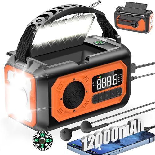 12000mAh Kurbelradio mit Handyladefunktion Solar,2 Sonnenkollektoren,AM/FM Radio Kurbel Notfall,3 Lademethoden 7 in 1 Tragbares Notfallradio,SOS,Taschenlampe,Kopfhöreranschluss,Kompass,Leselampe von BIAOQINBO