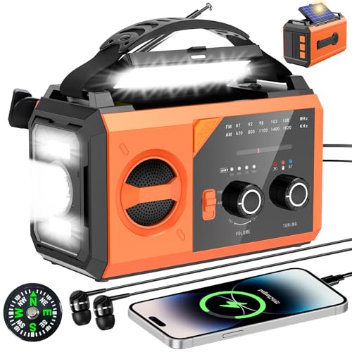 30000mAh Bluetooth Kurbelradio mit Handyladefunktion Solar, AM/FM Solar Radio 3 Lademethoden 8 in 1 Tragbares Notfallradio mit Powerbank,SOS,Taschenlampe,Kompass,Leselampe,Kopfhöreranschluss von BIAOQINBO