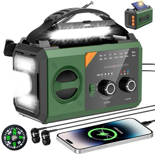 30000mAh Bluetooth Kurbelradio mit Handyladefunktion Solar, AM/FM Solar Radio 3 Lademethoden 8 in 1 Tragbares Notfallradio mit Powerbank,SOS,Taschenlampe,Kompass,Leselampe,Kopfhöreranschluss von BIAOQINBO