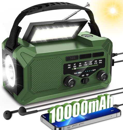 BIAOQINBO 10000mAh Solar Radio, Kurbelradio, Tragbar Notfallradio Dynamo Radio mit AM/FM, mit Wiederaufladbar Powerbank, LED Leselampe, Kompass, SOS-Alarm für Camping Ourdoor Notfall (Grün) von BIAOQINBO