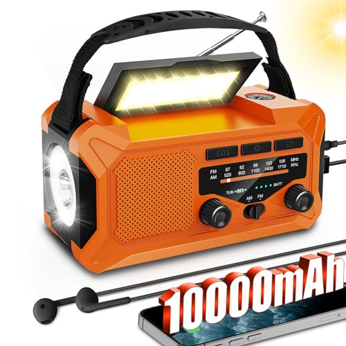 BIAOQINBO 10000mAh Solar Radio, Kurbelradio, Tragbar Notfallradio Dynamo Radio mit AM/FM, mit Wiederaufladbar Powerbank, LED Leselampe, Kompass, SOS-Alarm für Camping Ourdoor Notfall (Orange) von BIAOQINBO