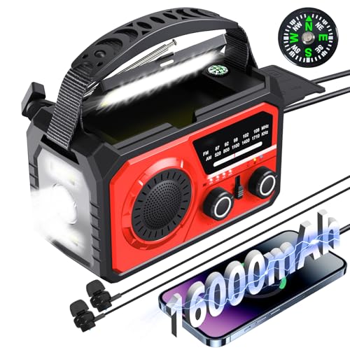 BIAOQINBO 16000mAh Solar Radio,AM/FM Kurbelradio Tragbar USB Notfallradio mit 59200mWh Wiederaufladbare Batterie, Led Taschenlampe, SOS Alarm und Handkurbel Dynamo für Camping, Reisen (Rot) von BIAOQINBO