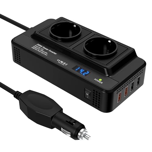 200W Auto Spannungswandler Wechselrichter DC 12V to AC 230V mit 2 Steckdosen und 4 USB Ports Schnelles Aufladen KFZ Ladegerät mit Zigarettenanzünderstecker für Geschaeftsfahrten und Urlaub von BIBARAJM