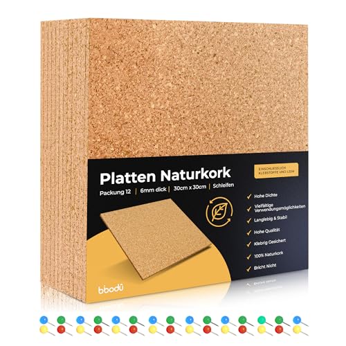 BIBODU Pinnwand Kork | 12 Korkplatte 30cm x 30cm & 6mm Dicke | Enthält 30 Pins | Korkwand Selbstklebend | Korkwand Pinnwand | Korkplatten für die Wand - Anzeigen - Büro | Kork selbstklebend von BIBODU