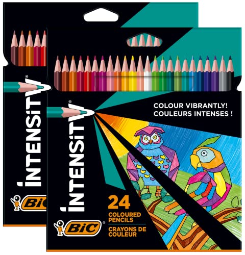 BIC Intensity Buntstifte, Dreikant-Aquarellstifte, Malstifte zum Malen in 24 Farben, im Karton Etui, Bruchsichere Mine und ohne Holz, 2x 24 Stück von BIC Intensity