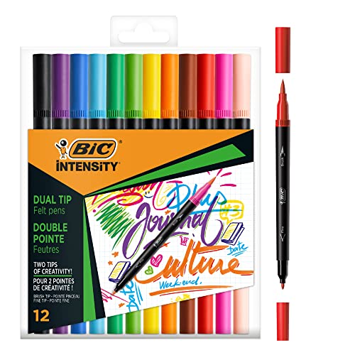 BIC Intensity Filzstifte Set, Dual Tip Brush Pen zum Malen in 12 verschiedenen Farben, mit Pinsel & feiner Spitze von BIC