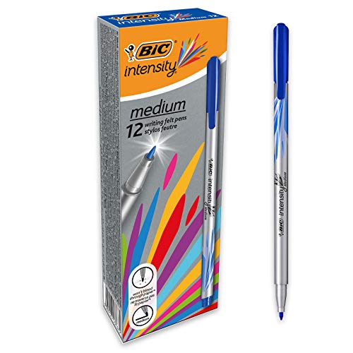 BIC Intensity Fineliner, Filzstifte Set mit 12 Stiften in Blau, mit mittlerer Spitze, Ideal für das Büro, das Home Office oder die Schule von BIC