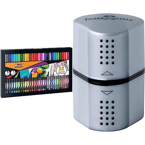 BIC Intensity Fineliner Set, Filzstifte mit 32 Stiften, mit feiner & mittlerer Spitze, für Bullet Journal & Mandala & Faber-Castell 183800 - Dosenspitzer Grip von BIC Intensity