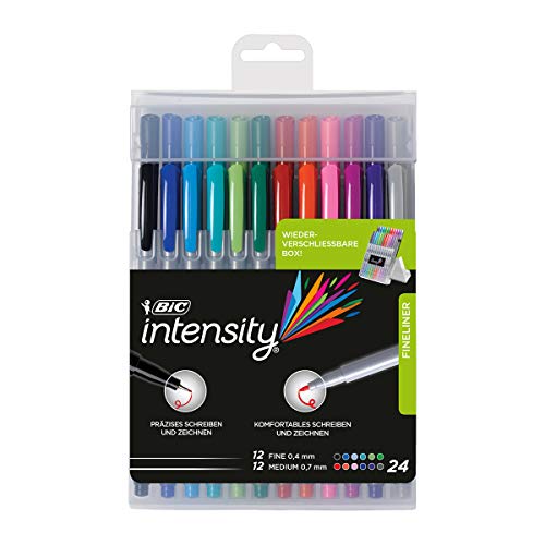 BIC Intensity Fineliner Set: 24 Filzstifte in 12 verschiedenen Farben, jede Farbe mit feiner und mittlerer Spitze, für Bullet Journal & Mandala von BIC Intensity