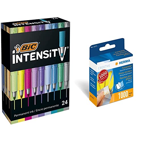 BIC Intensity Pastell Marker, in 24 Metallic- und Pastellfarben, geruchsarm, schnell trocknend & HERMA 1071 Fotokleber im Spender (12 x 17 mm) selbstklebend, 1.000 Stück, weiß von BIC Intensity