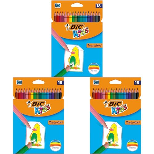 BIC Kids Buntstifte Set Tropicolors, zum Malen in 18 Farben, Malstifte im Karton Etui, ab 5 Jahre, Bruchsichere Mine & ohne Holz (Packung mit 3) von BIC Kids