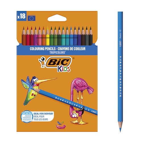 BIC Kids Buntstifte Set Tropicolors, zum Malen in 18 Farben, Malstifte im Karton Etui, ab 5 Jahre, Bruchsichere Mine & ohne Holz von BIC Kids