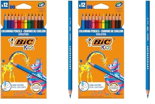 BIC Kids ECOlutions Evolution Buntstifte Set (für Kinder ab 5 Jahren, Farbstifte ohne Holz, mit bruchsicherer Mine - sicher Schreiben, 12 Stifte im Kartonetui) (Packung mit 2) von BIC
