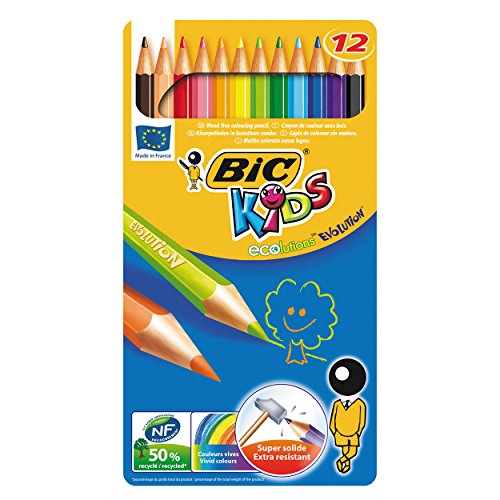 BIC Kids ECOlutions Evolution Buntstifte Set für Kinder ab 5 Jahre – Farbstifte ohne Holz, mit bruchsicherer Mine - sicher Schreiben – 12 Stifte in Metallbox von BIC Kids