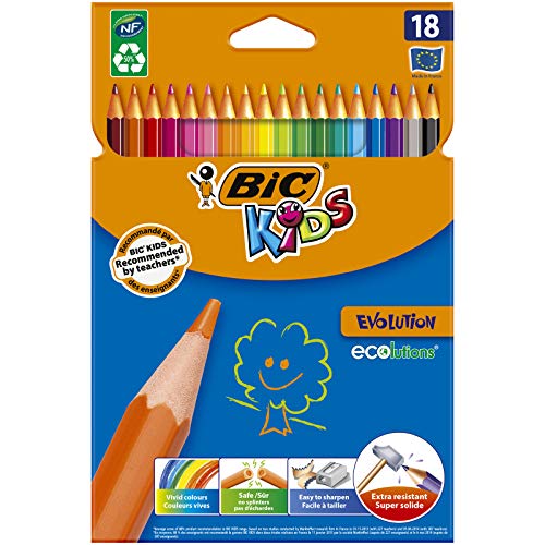 BIC Kids ECOlutions Evolution Buntstifte Set für Kinder ab 5 Jahren – Farbstifte ohne Holz, mit bruchsicherer Mine - sicher Schreiben – 18 Stifte im Kartonetui von BIC Kids
