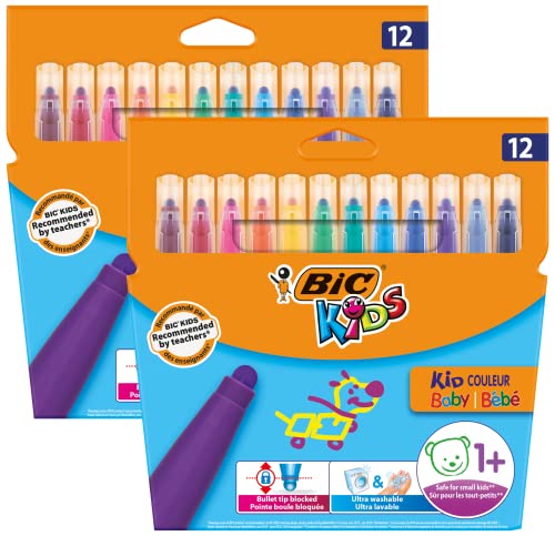 BIC Kids Filzstifte Kid Couleur Baby, Fasermaler zum Malen in 12 auswaschbaren Farben, mit stabiler Spitze, im Karton Etui, ab 1 Jahr, 2x 12 Stück, 9020801_B2 von BIC Kids