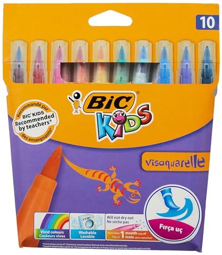 BIC Kids Filzstifte Visaquarelle, Fasermaler zum Malen in 10 auswaschbaren Farben, mit flexibler Pinselspitze, im Karton Etui, mit Austrocknungsschutz von BIC Kids