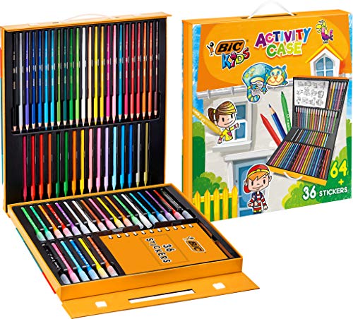 BIC Kids Stifte Set à 64: 24 Buntstifte, 24 Filzstifte, 16 Malkreiden und 36 Sticker, in praktischer Box, Activity Case von BIC Kids