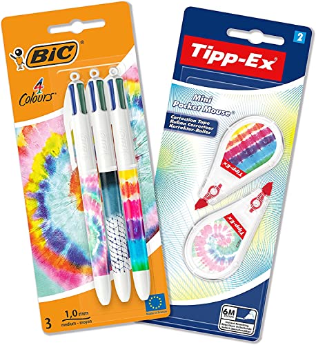 BIC 4 Colours 4 Farben Kugelschreiber und Tipp-Ex Korrekturroller Schreibwaren Set, in Tie Dye Batik Optik, 3 Stifte und 2 Korrekturmäuse von BIC