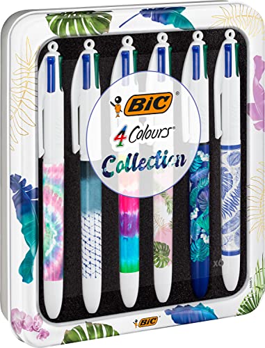 BIC 4 Colours Decors Messages or Botanical Collection und Tie & Dye – Kugelschreiber mittlere Spitze (1,0 mm) – zufällige sortierte Designs, wiederverwendbare Box mit 6 Stück von BIC 4 Colours
