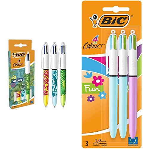 BIC - 4 Colours Velours, Kugelschreiber, mittlere Spitze, 1 mm, verschiedene Designs, Blau, Rot, Grün, Schwarz, 3 Stück & Fashion Kugelschreiber, vierfarbig, 3 Stück von BIC