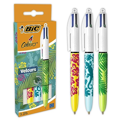 BIC - 4 Colours Velours, Kugelschreiber, mittlere Spitze, 1 mm, verschiedene Designs, Blau, Rot, Grün, Schwarz, 3 Stück von BIC