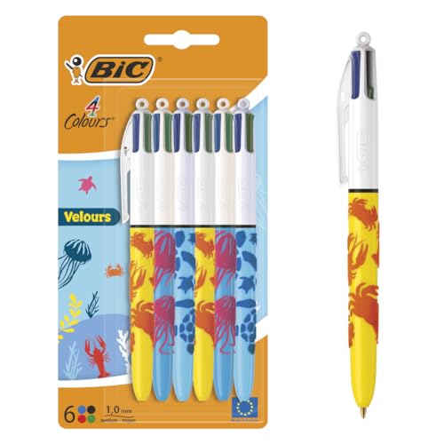 BIC 4 Colours Velours Kugelschreiber mit mittlerer Spitze (1,00 mm) und Meerestiermotiv – 3 verschiedene Designs, Blister à 6 von BIC