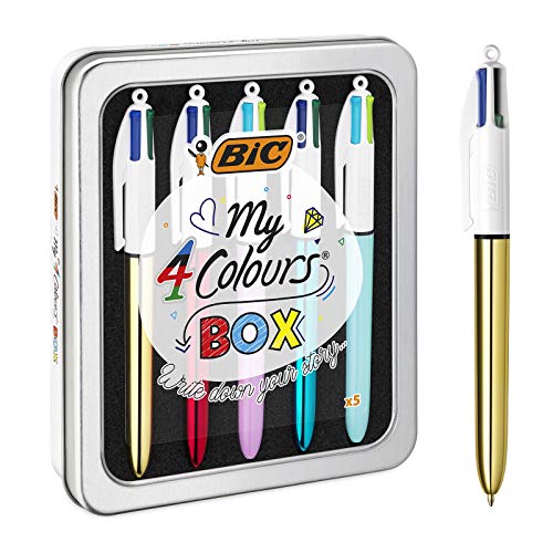 BIC 4 Farben Kugelschreiber Set 4 Colours, 5er Stifte Set in Metallbox mit 3 Colours Shine & 2 Colours Fun Stiften, Geschenkidee für Sammler, My 4 Colours Box, 1 stück (5er Pack) von BIC