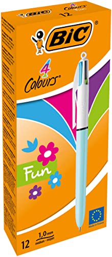 BIC 4 Farben Kugelschreiber Set 4 Colours Fun, Schaft in pastellblau, 12er Pack, Ideal für das Büro, das Home Office oder die Schule von BIC