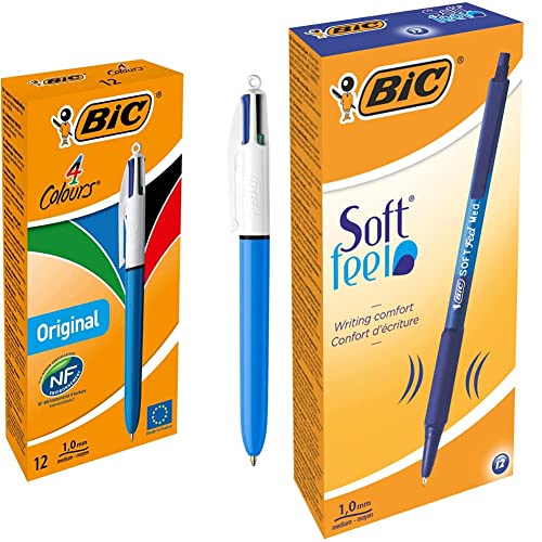 BIC 4 Farben Kugelschreiber Set 4 Colours Original, 12er Pack & Kugelschreiber Set Soft Feel Grip, in Blau, Strichstärke 0,4 mm, 12er Pack, Ideal für das Büro, das Home Office oder die Schule von BIC