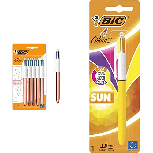 BIC 4 Farben Kugelschreiber Set 4 Colours Rose Gold, 5er Pack, Strichstärke 0,4 mm & 4 Farben Kugelschreiber 4 Colours Sun, Special Edition, 1er Pack, Ideal für das Büro von BIC