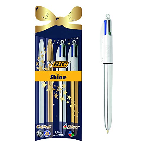 BIC 4 Farben Kugelschreiber Set 4 Colours Shine, inkl. 2 BIC Cristal Stifte, in je Gold und Silber, Ideal als Geschenk von BIC