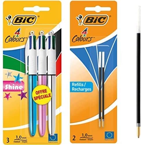 BIC 4 Farben Kugelschreiber Set 4 Colours Shine 3er Pack & 2er Pack Kugelschreiberminen blau, dokumentenechte Tinte von BIC