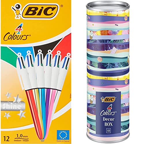 BIC 4 Farben Kugelschreiber Set 4 Colours Shine in verschiedenen Farben, 12er Pack & 4 Colours Stifte Set: 8 Kugelschreiber in verschiedenem Design, Ideal als Geschenk, Message Box BIC 4 Farben Kugelschreiber Set 4 Colours Shine in verschiedenen Farben, 12er Pack & 4 Colours Stifte Set: 8 Kugelschreiber in verschiedenem Design, Ideal als Geschenk, Message Box von BIC